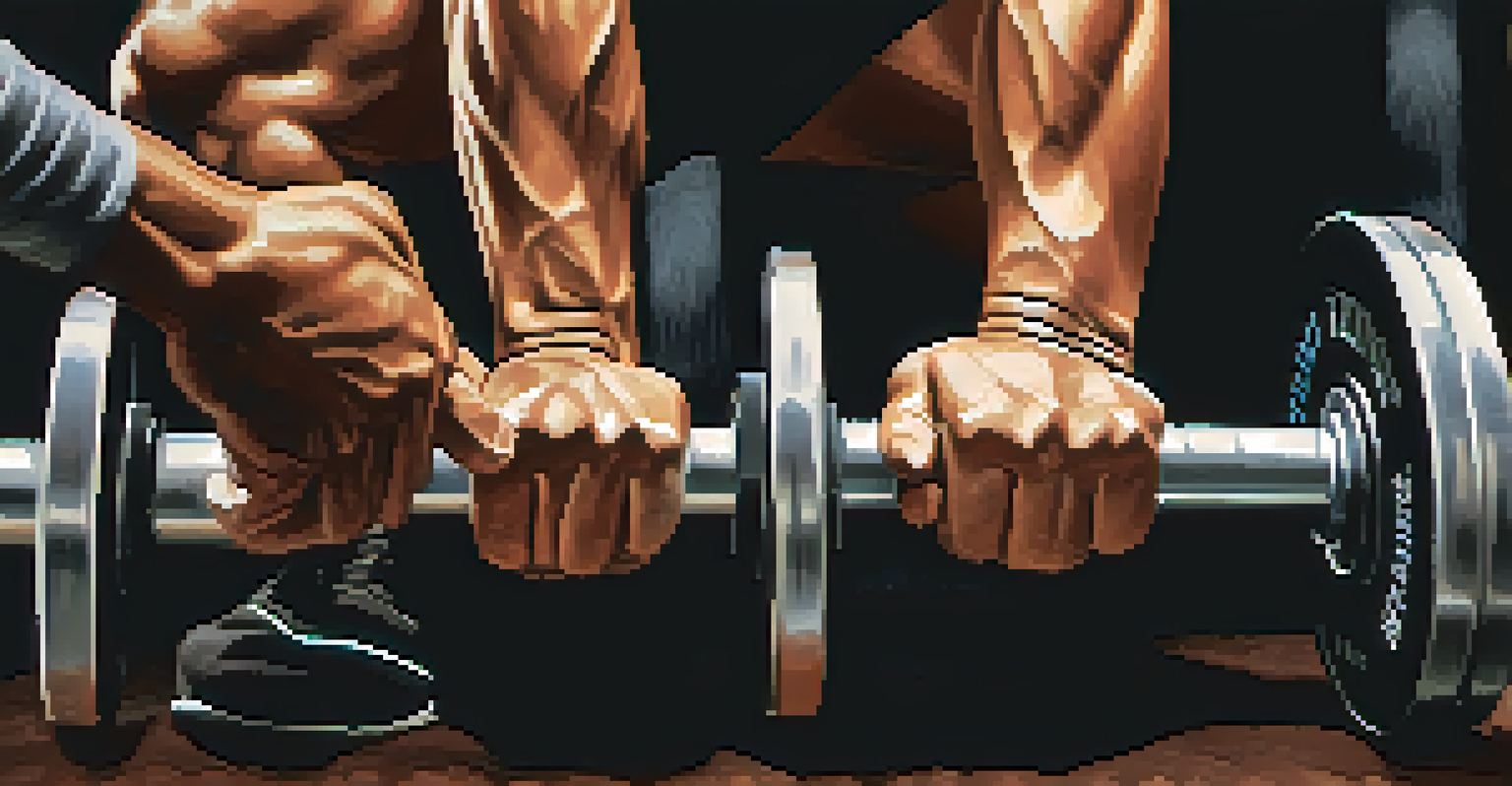 A close-up of hands gripping a barbell, emphasizing strength and community in a powerlifting environment.