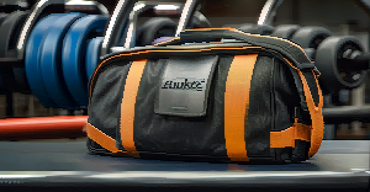 A close-up of a lifting belt and accessories stored in a bag on a gym bench, with soft lighting highlighting their textures.