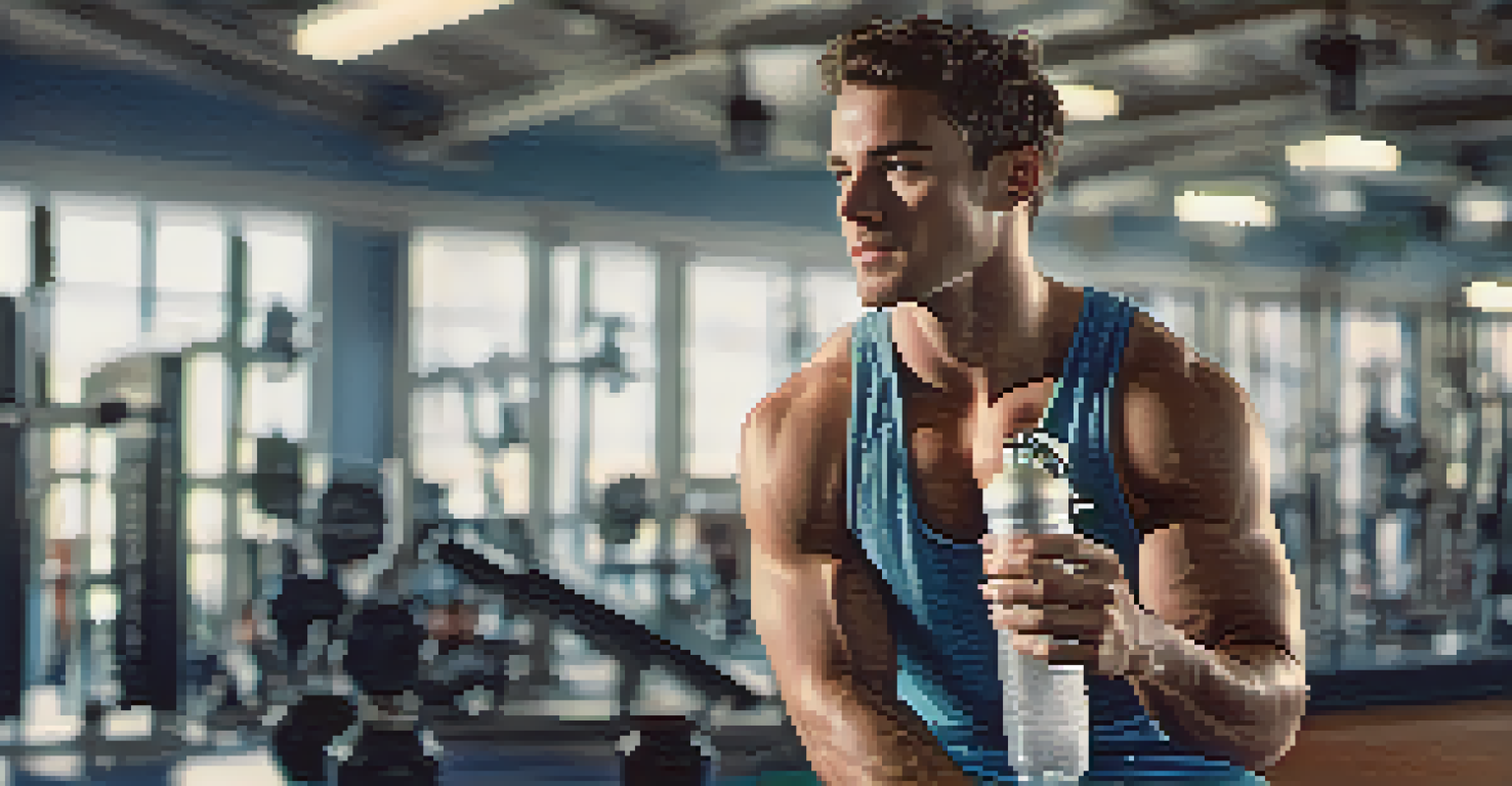 An athlete holding a water bottle and wearing a towel after a workout in a gym, looking satisfied.