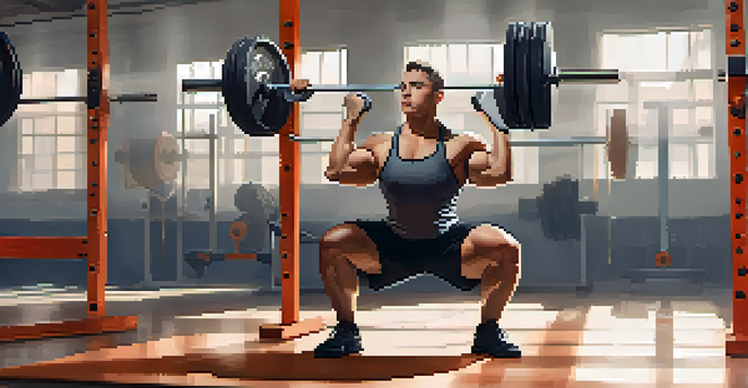 A muscular powerlifter performing a squat in a bright gym, showcasing strength and focus.