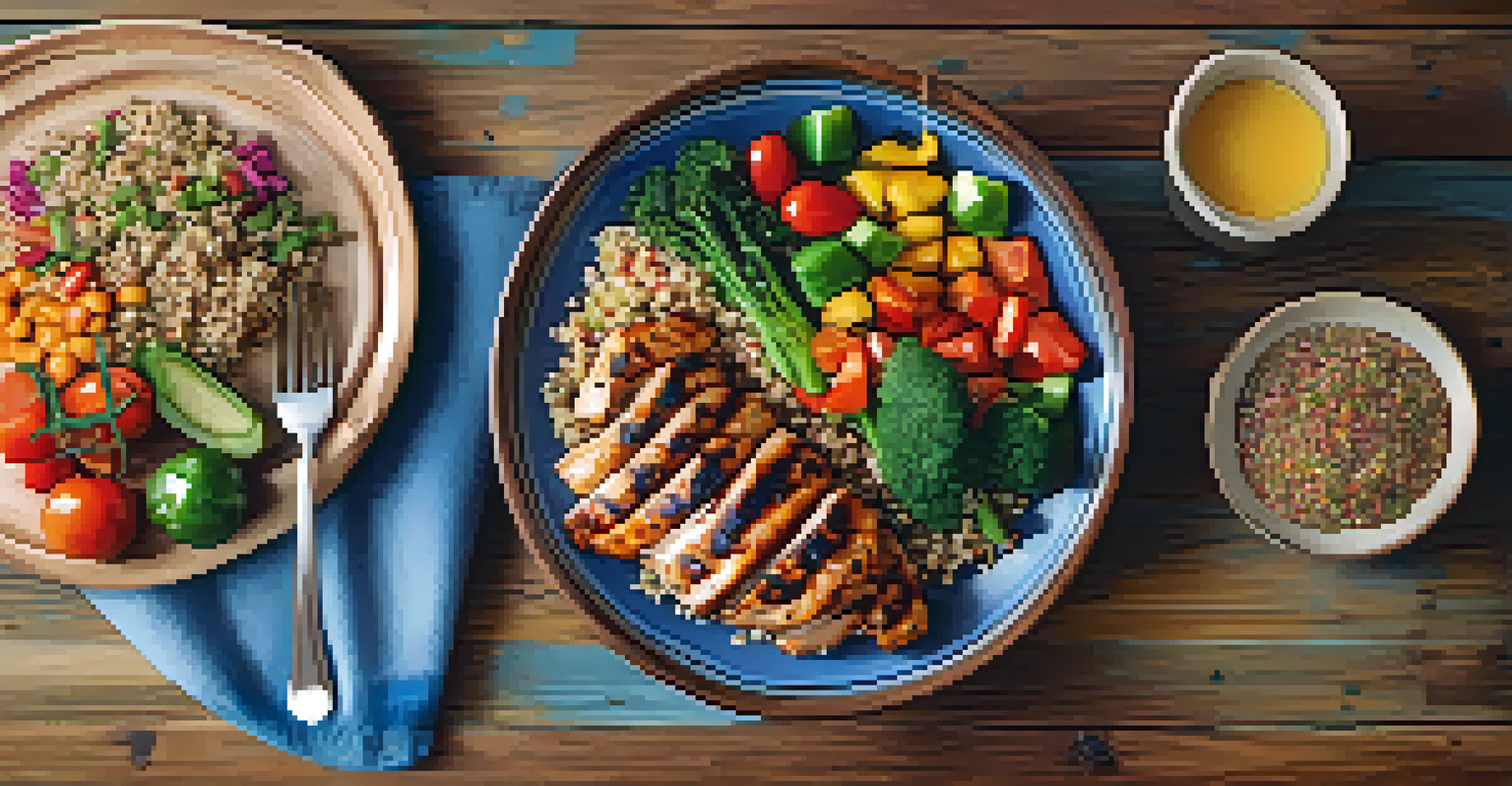 An overhead view of a healthy meal featuring grilled chicken, quinoa, and vegetables on a rustic wooden table.