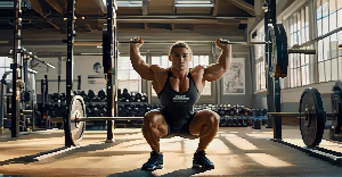 A powerlifter executing a squat with proper form in a bright gym, showcasing a barbell and equipment in the background.