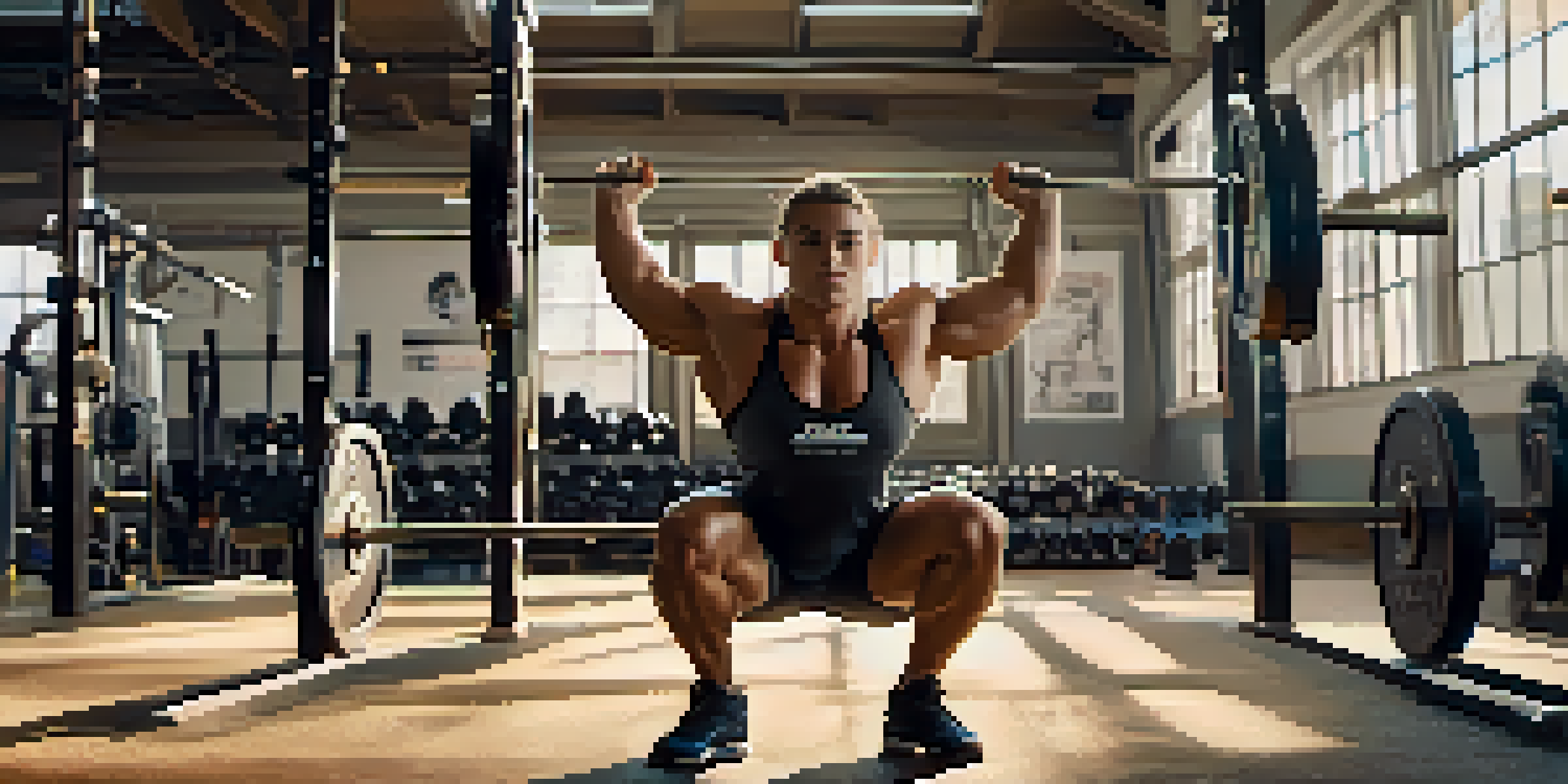 A powerlifter executing a squat with proper form in a bright gym, showcasing a barbell and equipment in the background.