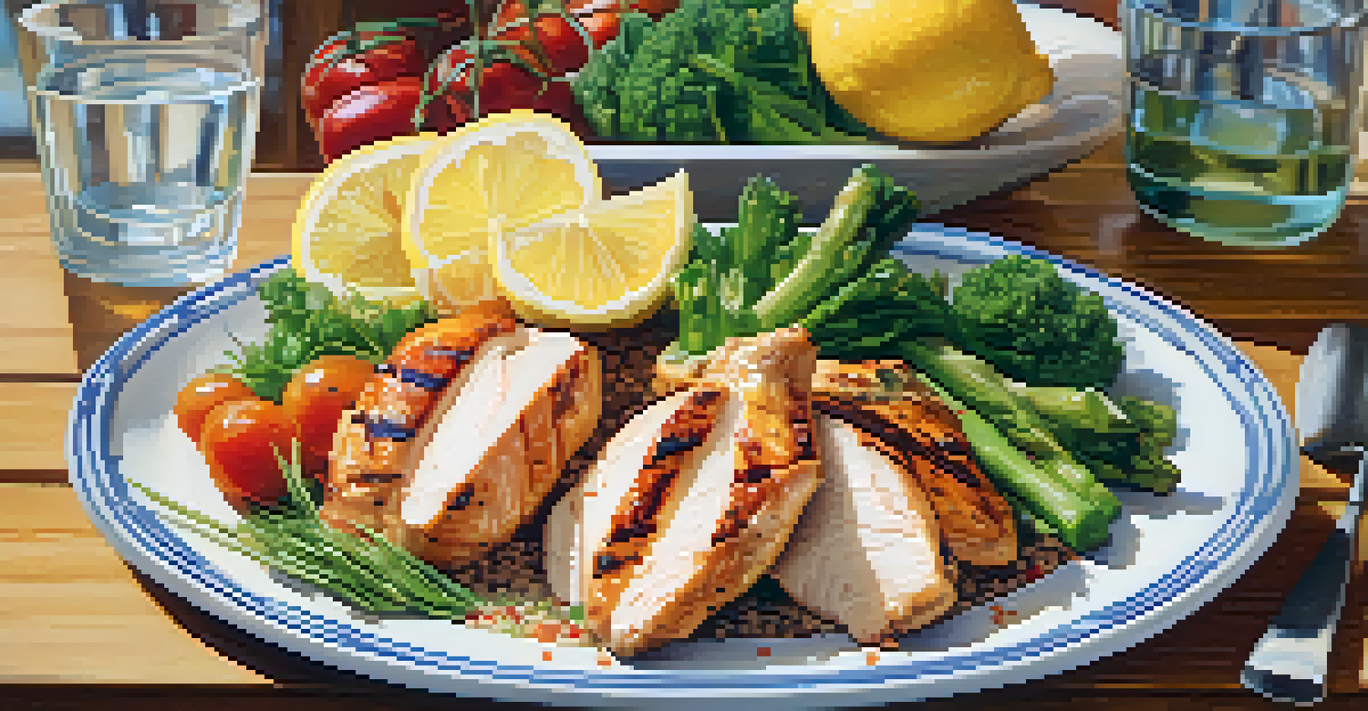 A balanced meal featuring grilled chicken, quinoa, and colorful vegetables, arranged on a wooden table with natural light enhancing the inviting scene.
