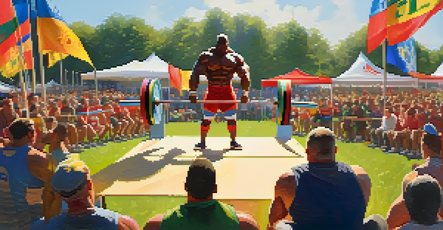 A male lifter performing a squat at an outdoor powerlifting competition, surrounded by a cheering crowd.