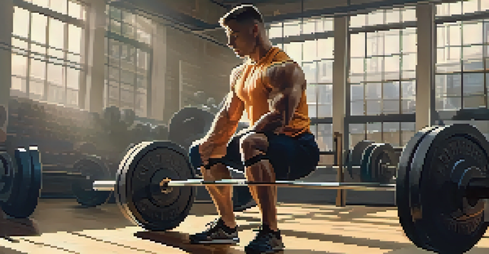 A powerlifter in a deep squat position, highlighting hip mobility in a bright gym setting with gym equipment in the background.