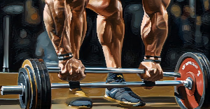 Close-up of a powerlifter's hands gripping a barbell for a deadlift, highlighting muscle tension and gym surroundings.