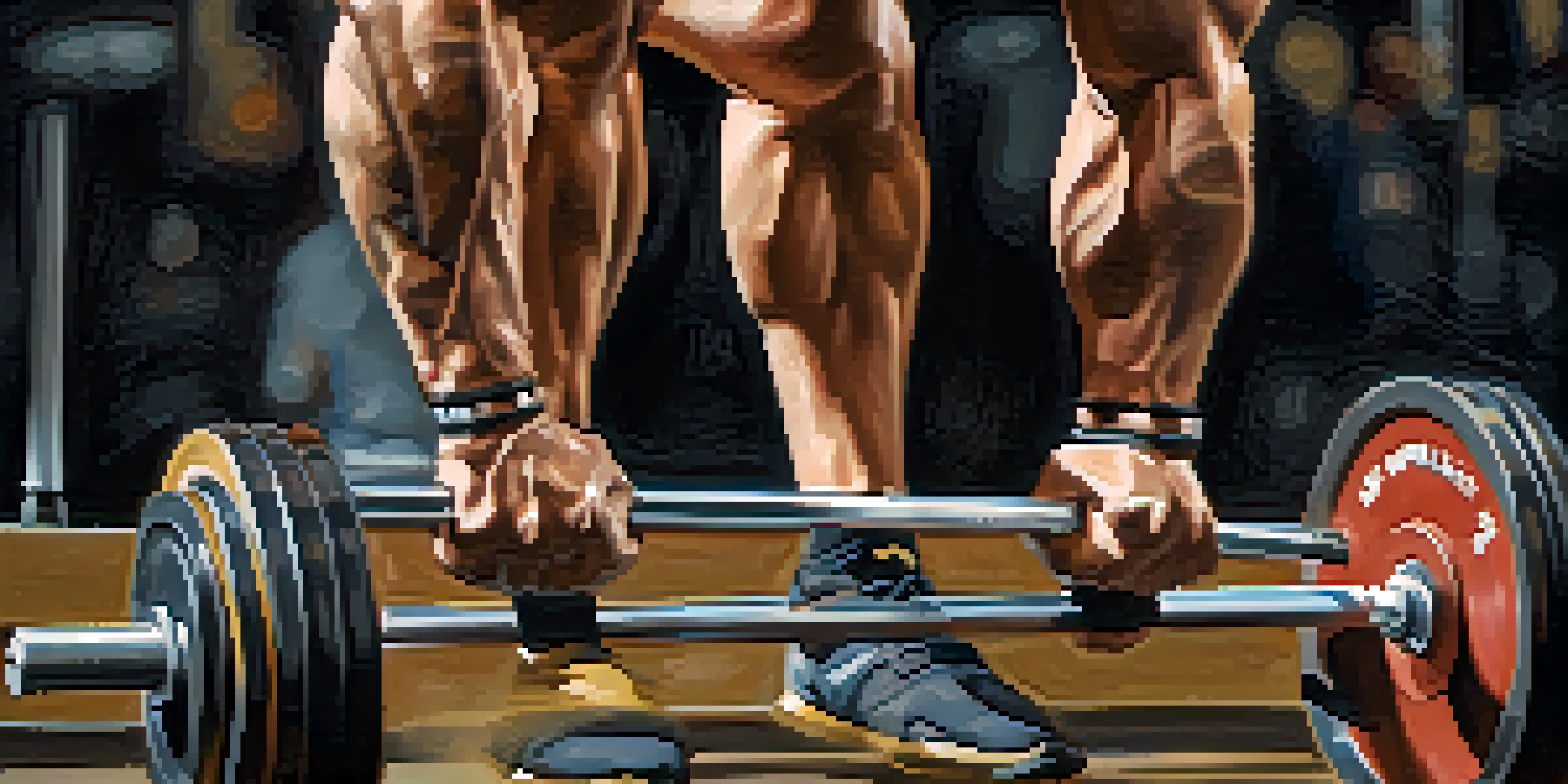 Close-up of a powerlifter's hands gripping a barbell for a deadlift, highlighting muscle tension and gym surroundings.