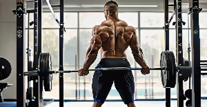 A powerlifter performing a squat in a gym, demonstrating concentration and strength.