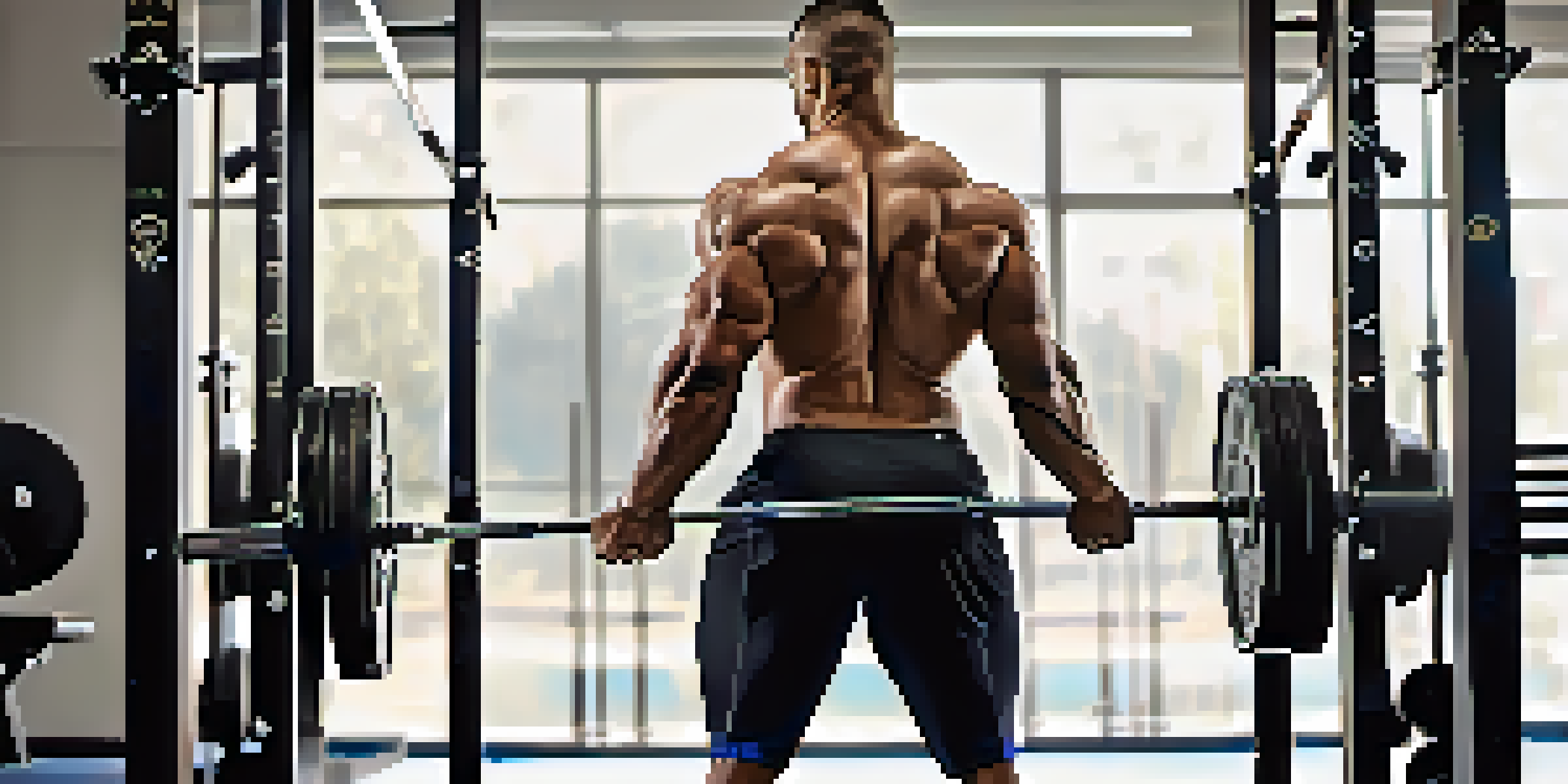A powerlifter performing a squat in a gym, demonstrating concentration and strength.