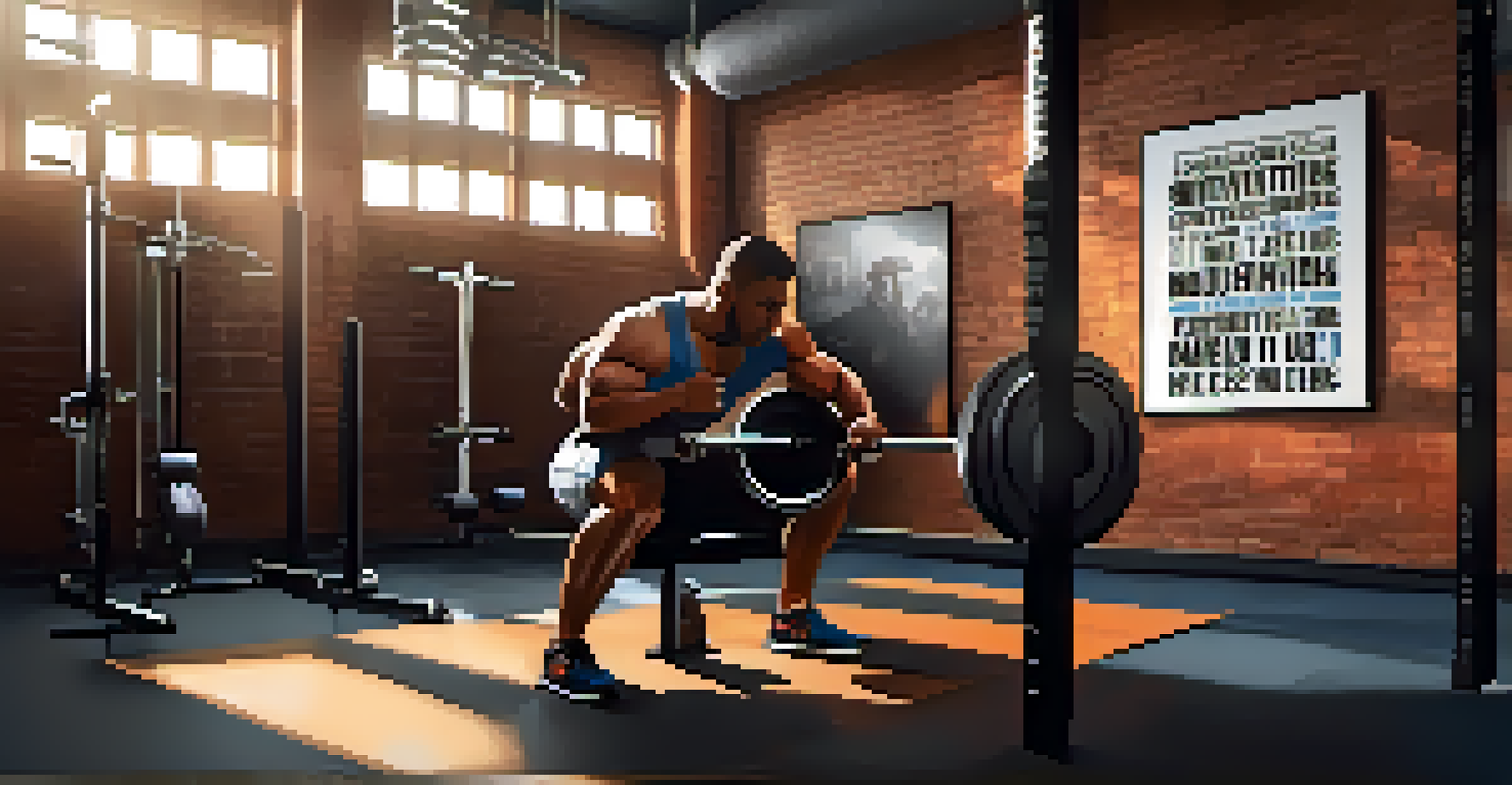 An athlete resting against a wall in a gym, with motivational quotes on the wall and fitness equipment in the background.