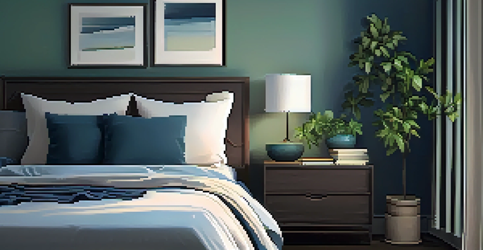 A tranquil bedroom setup with a cozy bed, soft lighting, and calming colors, promoting a restful sleep environment.