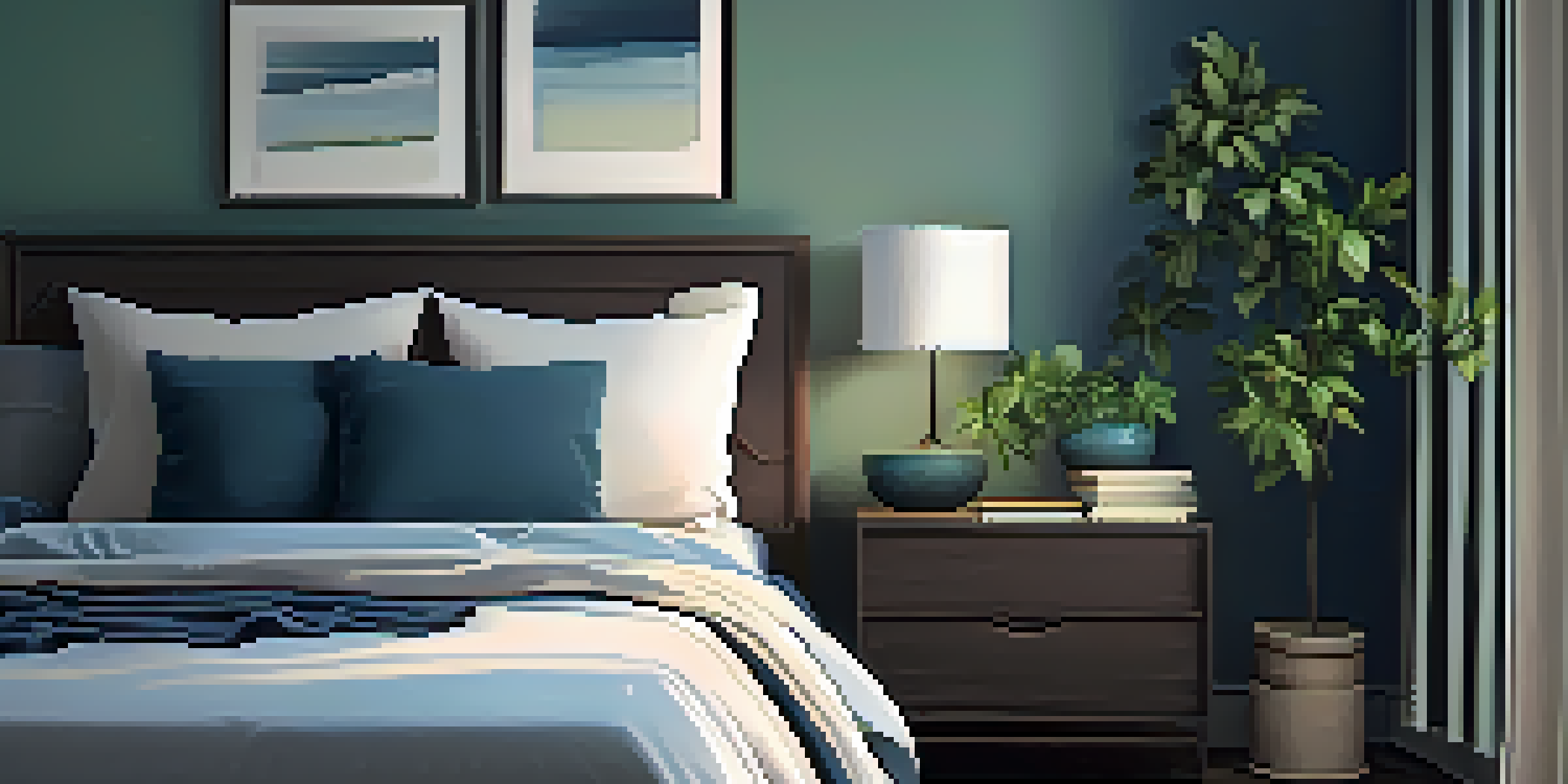 A tranquil bedroom setup with a cozy bed, soft lighting, and calming colors, promoting a restful sleep environment.