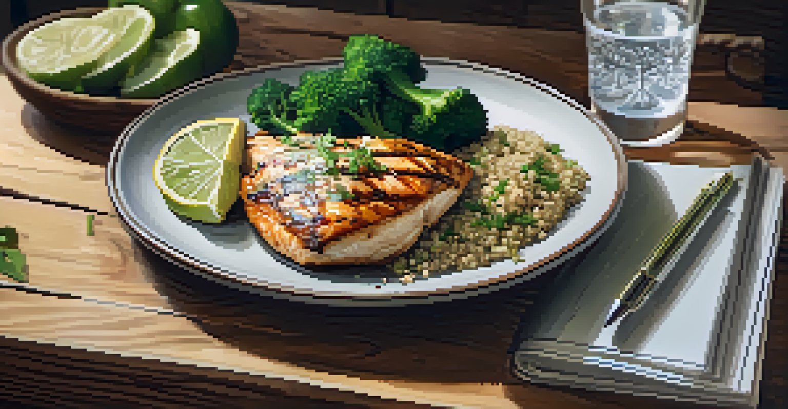 A healthy meal of grilled chicken, quinoa, and broccoli on a rustic table, with a glass of water and nutrition notes nearby.