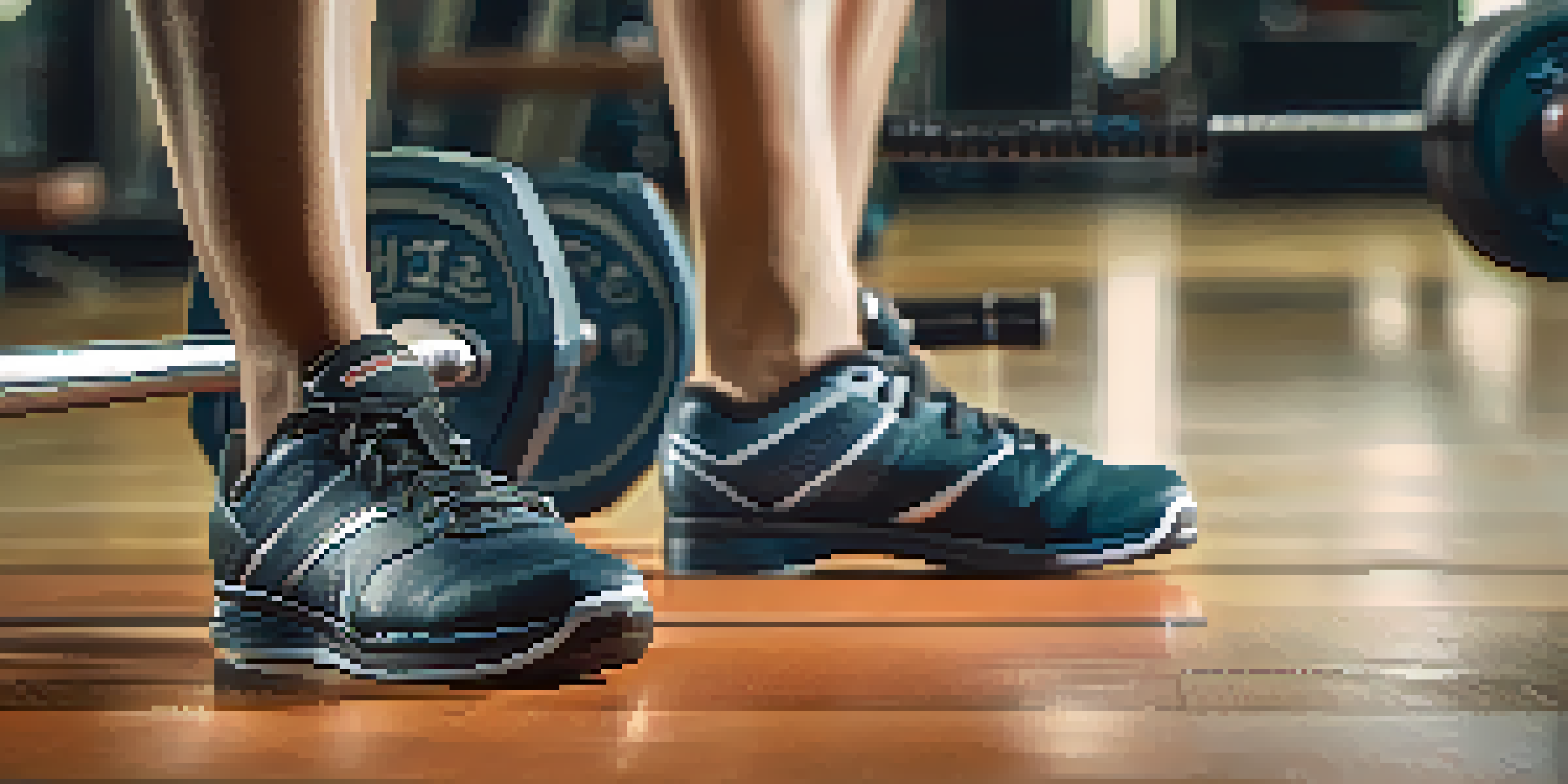 A close-up view of weightlifting shoes on a gym floor, showcasing their design and structure.