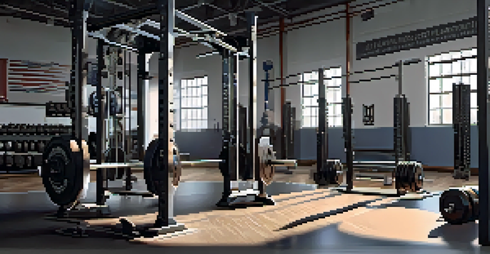 A powerlifting gym with a lifter focusing on lifting a heavy barbell, surrounded by various weightlifting equipment and motivational posters.