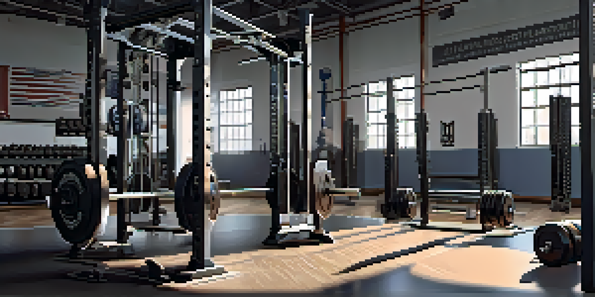 A powerlifting gym with a lifter focusing on lifting a heavy barbell, surrounded by various weightlifting equipment and motivational posters.