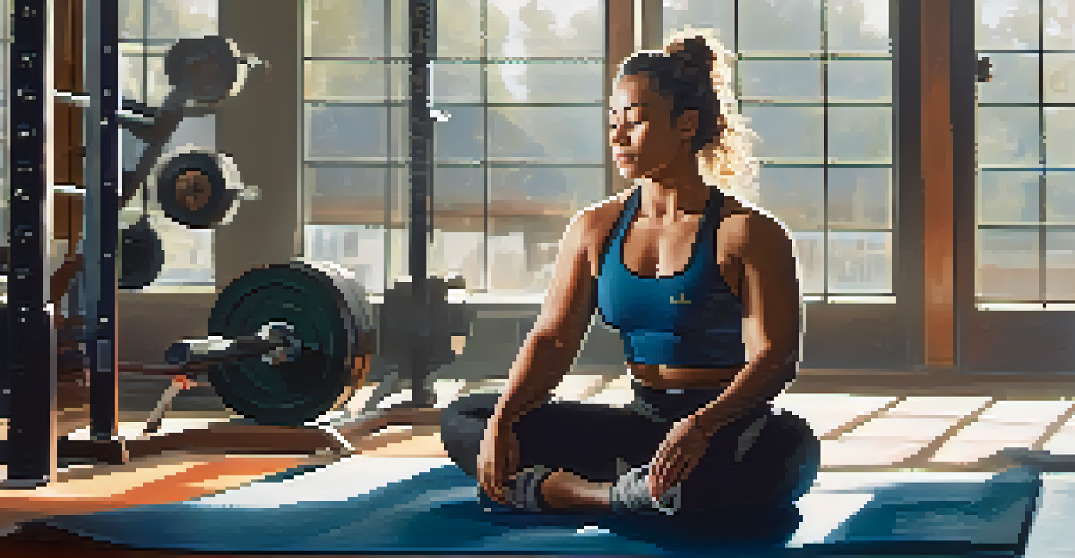 A woman powerlifter practicing mindfulness in a calm gym environment, radiating tranquility.