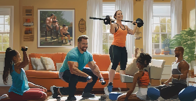 A family in a living room discussing powerlifting, with one member lifting weights in the background and others cheering.