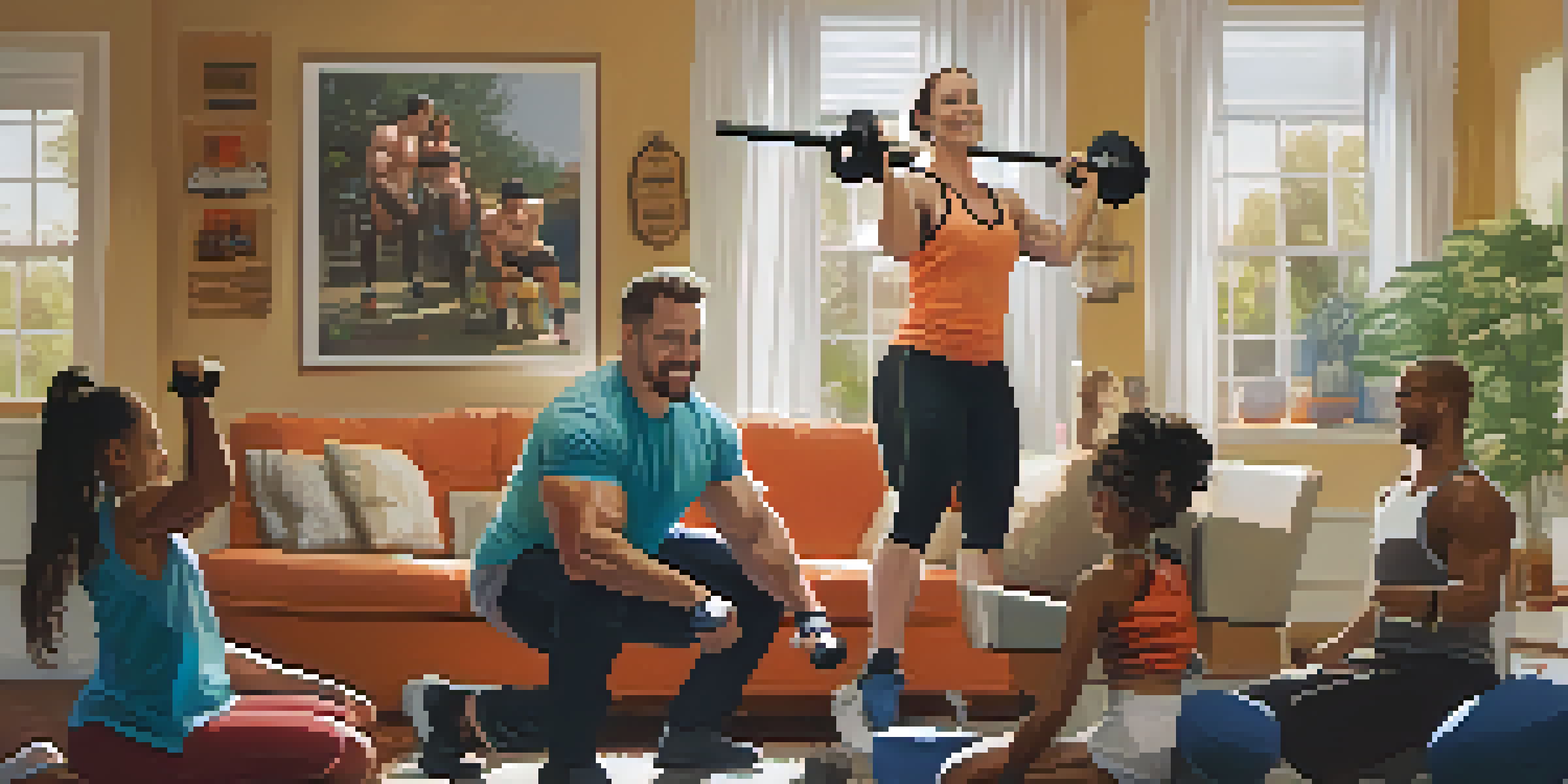 A family in a living room discussing powerlifting, with one member lifting weights in the background and others cheering.