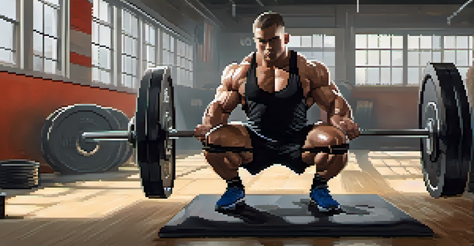 A focused powerlifter in a gym, wearing knee sleeves and a lifting belt, performing a squat with weights.
