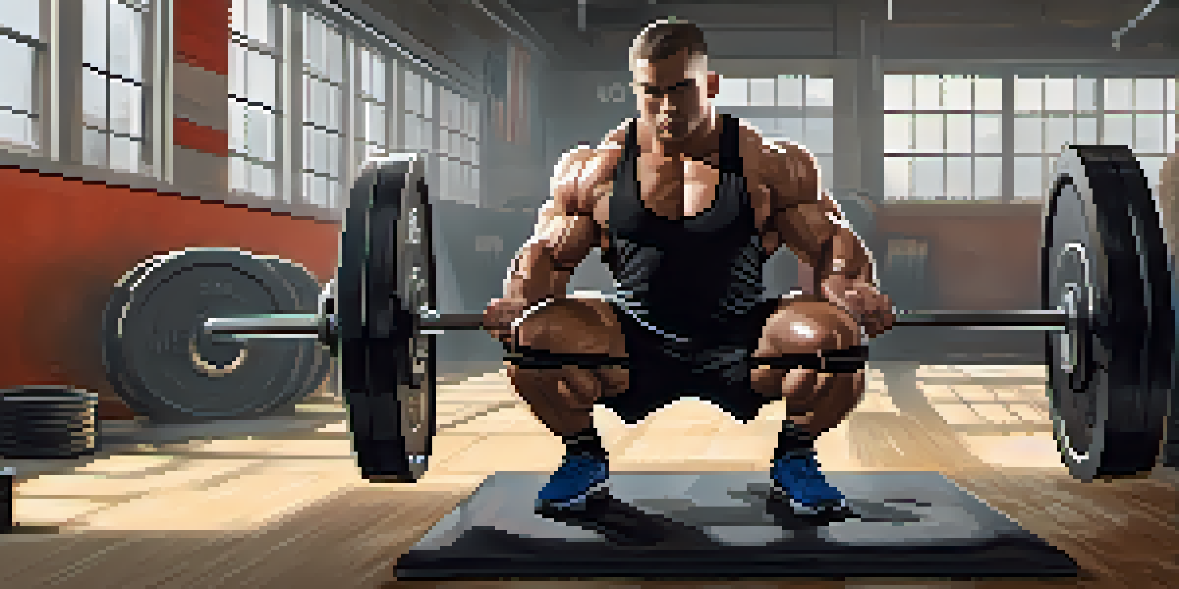 A focused powerlifter in a gym, wearing knee sleeves and a lifting belt, performing a squat with weights.