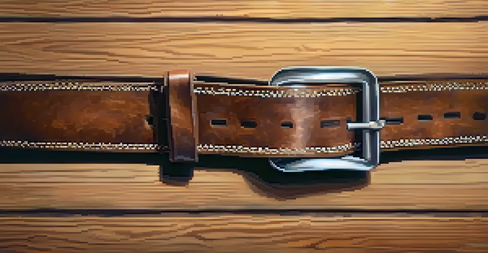 Close-up view of a worn powerlifting belt on a wooden gym floor, highlighting its leather texture and metal buckle.