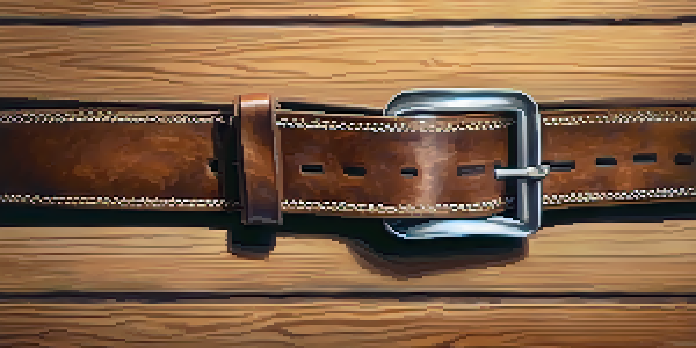 Close-up view of a worn powerlifting belt on a wooden gym floor, highlighting its leather texture and metal buckle.