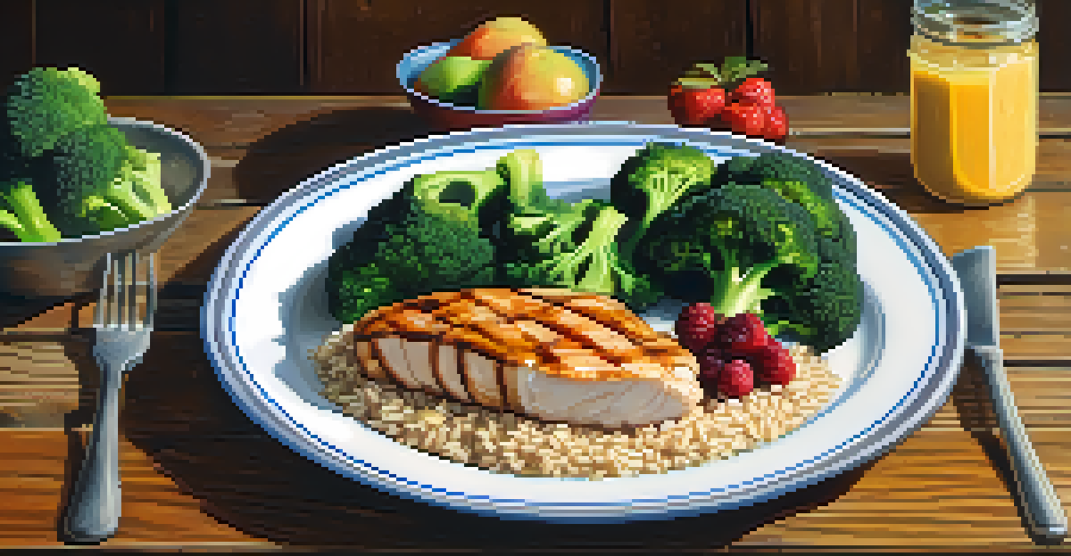 A nutritious plate of food including grilled chicken, broccoli, brown rice, and fruits, with a water bottle on a rustic wooden table.