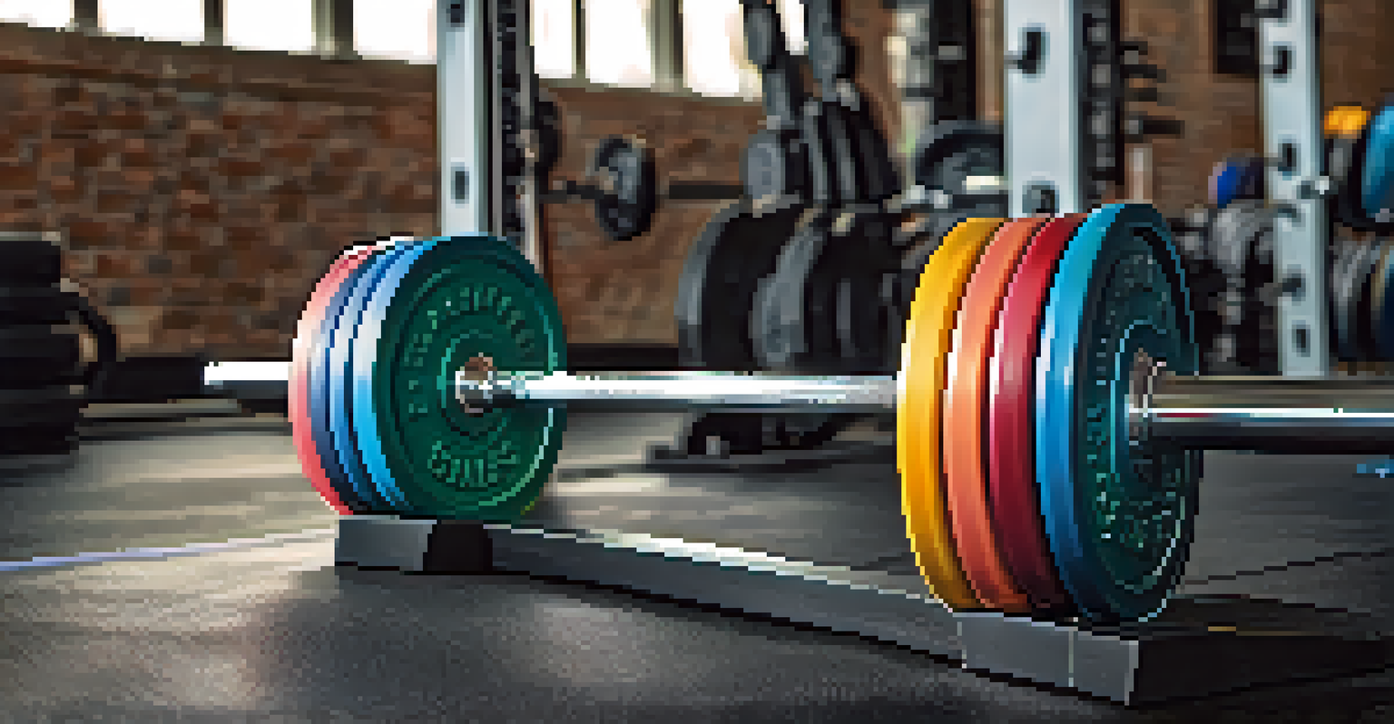 A close-up of a barbell with weight plates on a squat rack in a gym, illuminated by soft lighting.