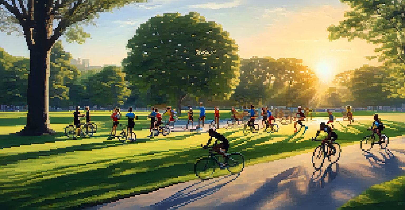 A diverse group of endurance athletes in a park doing circuit training at sunset.