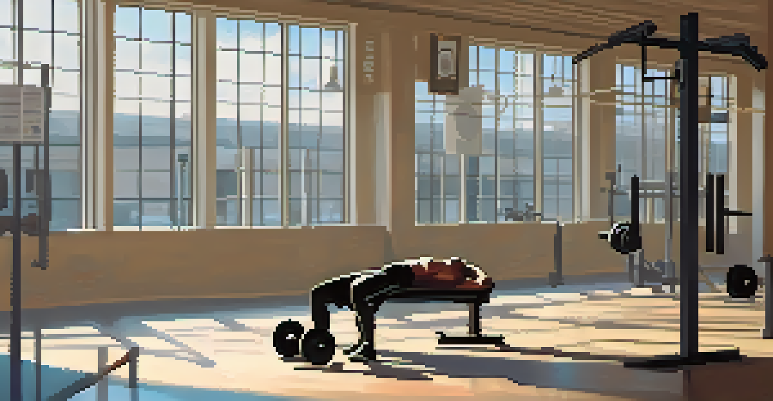 A person preparing for a bench press in a calm and empty gym, with a towel and water bottle nearby.
