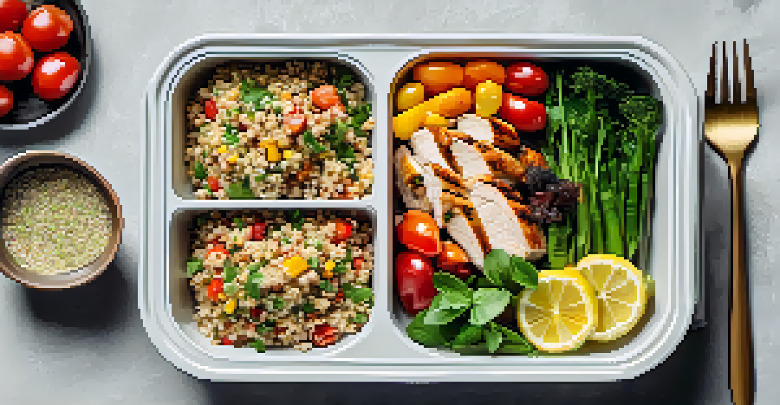 A colorful meal prep featuring grilled chicken, quinoa, and vegetables on a bright kitchen counter.