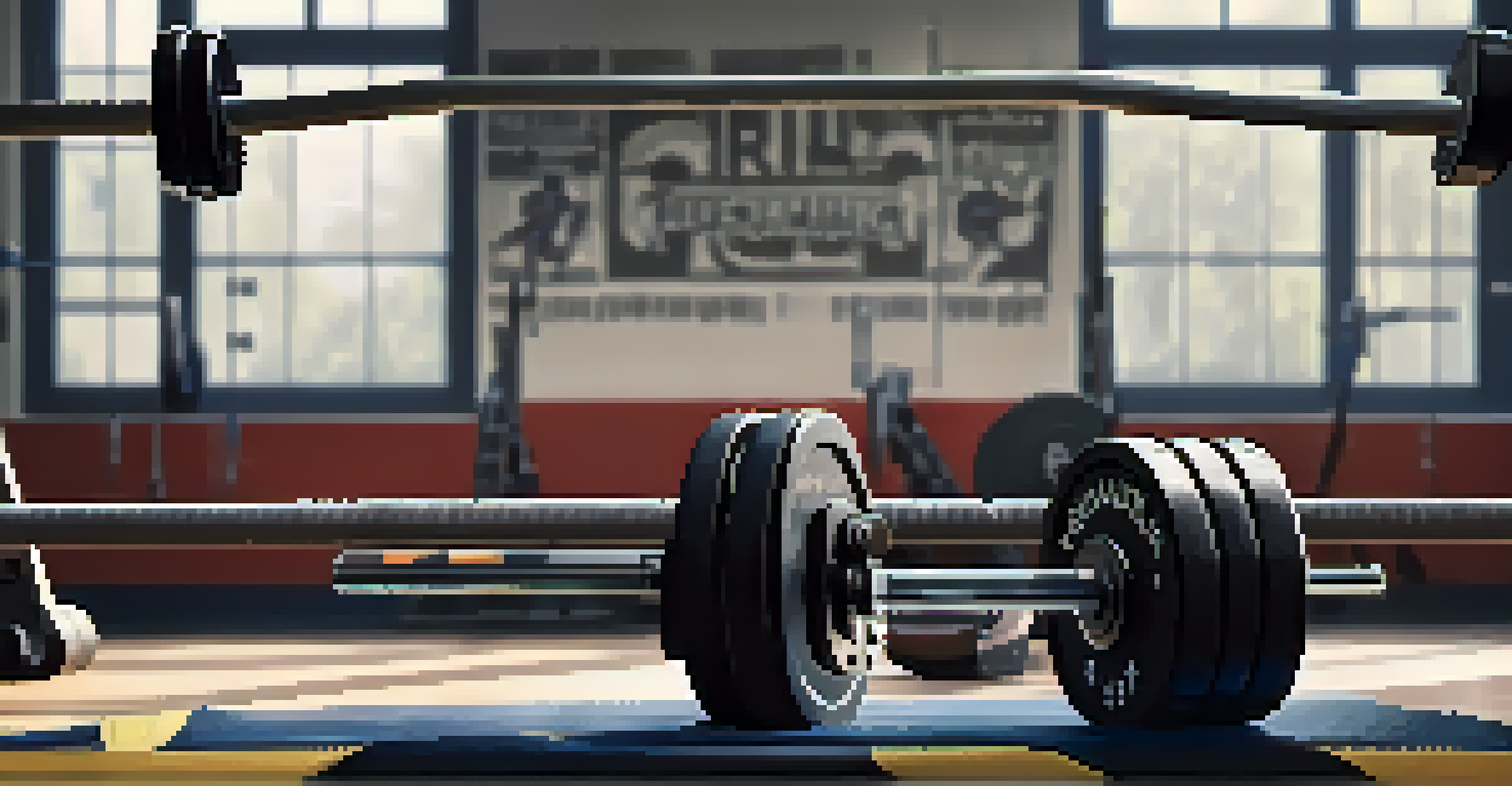 Close-up of powerlifting gear including a lifting belt and knee sleeves on a gym floor, with blurred weights in the background.