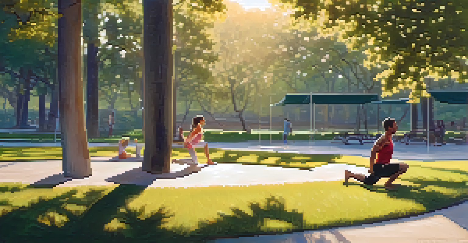 Individuals practicing dynamic stretching in a tranquil park during sunset, surrounded by greenery.