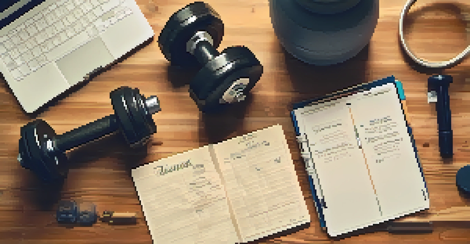 An overhead view of a training log on a table, surrounded by a pen, water bottle, and weightlifting shoes, illuminated by soft light.