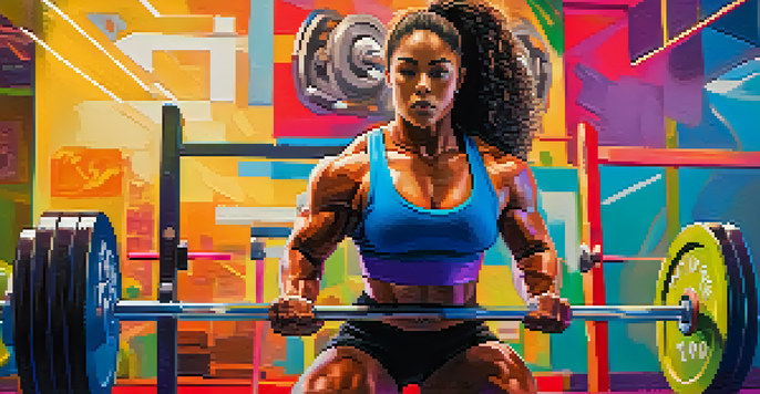 A determined woman powerlifter lifting a heavy barbell in a colorful gym, surrounded by gym equipment and motivational posters.