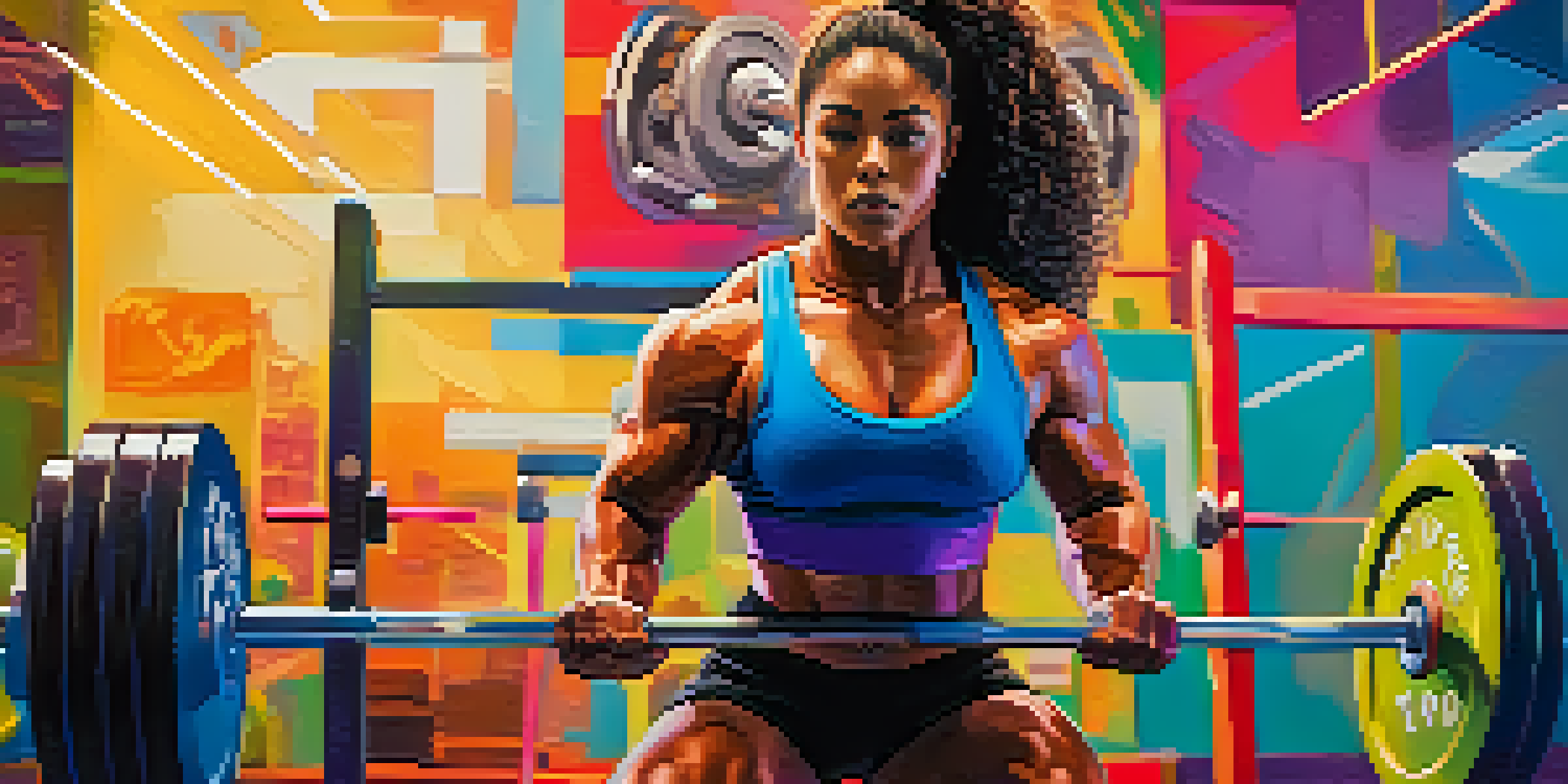 A determined woman powerlifter lifting a heavy barbell in a colorful gym, surrounded by gym equipment and motivational posters.