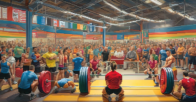 A lively powerlifting competition in a gym with athletes lifting weights and spectators cheering.