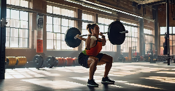 A fit athlete executing a front squat with a barbell in a bright gym, emphasizing proper form and a strong posture.