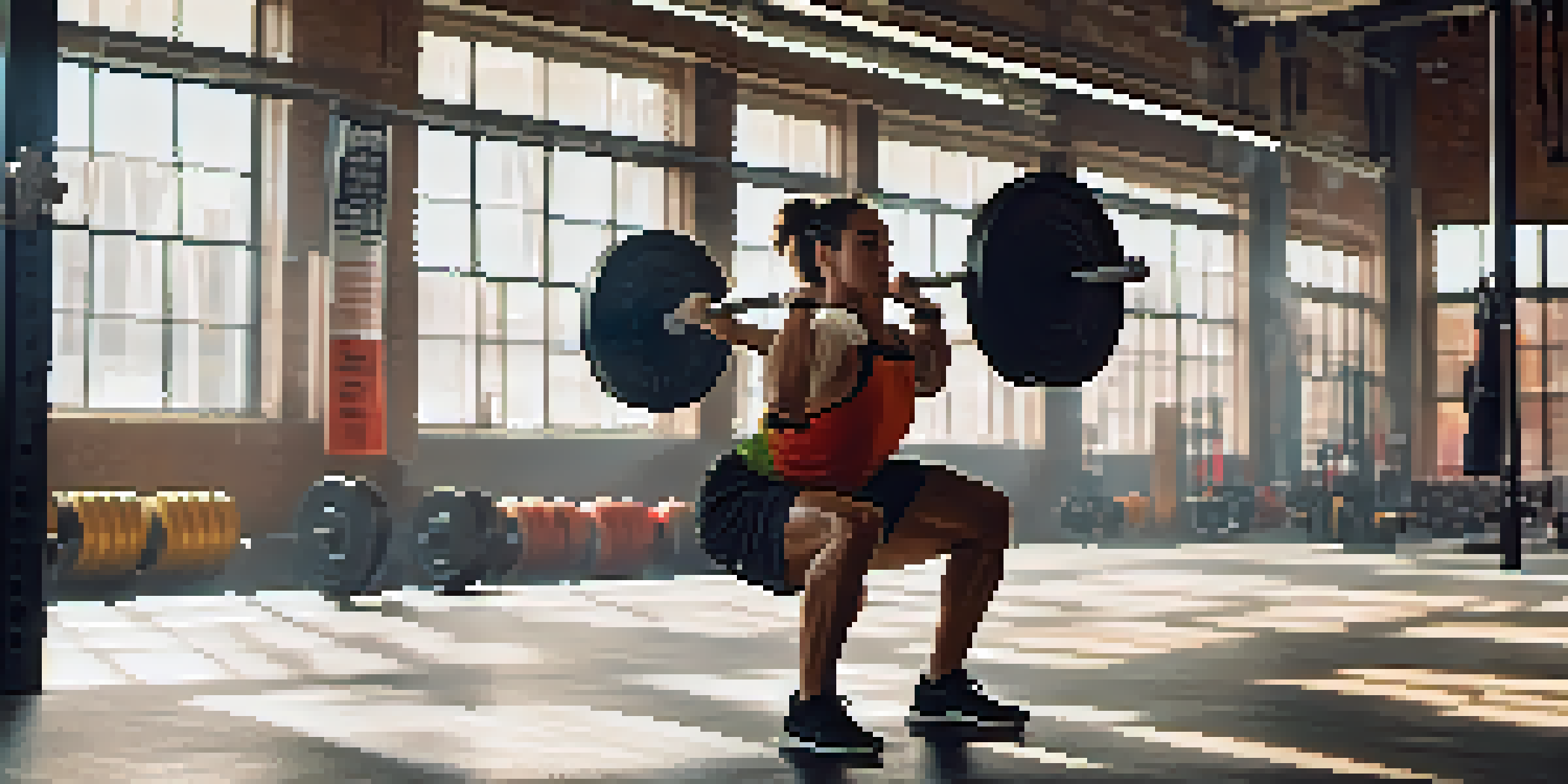 A fit athlete executing a front squat with a barbell in a bright gym, emphasizing proper form and a strong posture.