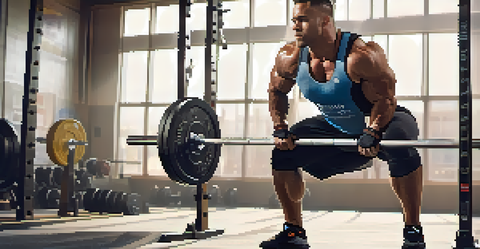 A focused powerlifter performing a squat in a gym, highlighting their muscular form and determination, with gym equipment in the background.