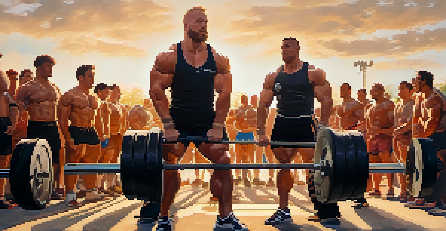 A lifter preparing for a deadlift at an outdoor competition, surrounded by teammates and an enthusiastic crowd.