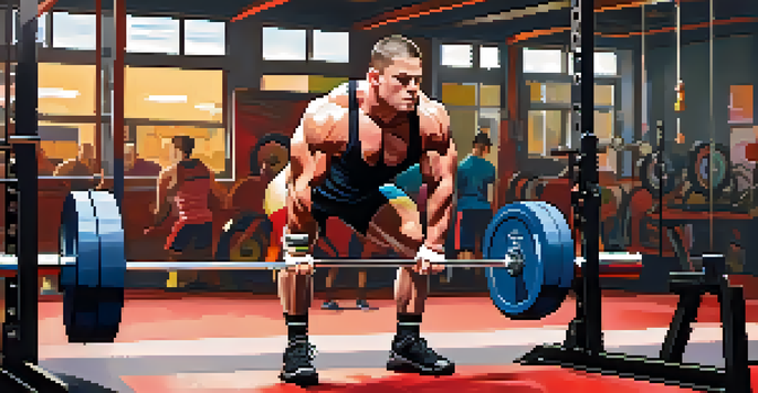 A powerlifter lifting a barbell in a well-lit gym, surrounded by colorful weights and gym equipment, showcasing their focused expression and muscular build.