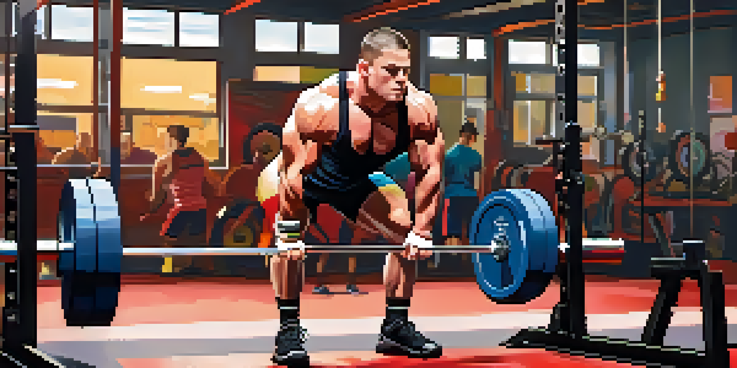 A powerlifter lifting a barbell in a well-lit gym, surrounded by colorful weights and gym equipment, showcasing their focused expression and muscular build.
