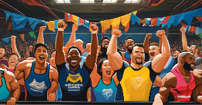 A group of diverse athletes celebrating a successful bench press lift in a gym, with expressions of joy and camaraderie, colorful banners, and warm lighting.