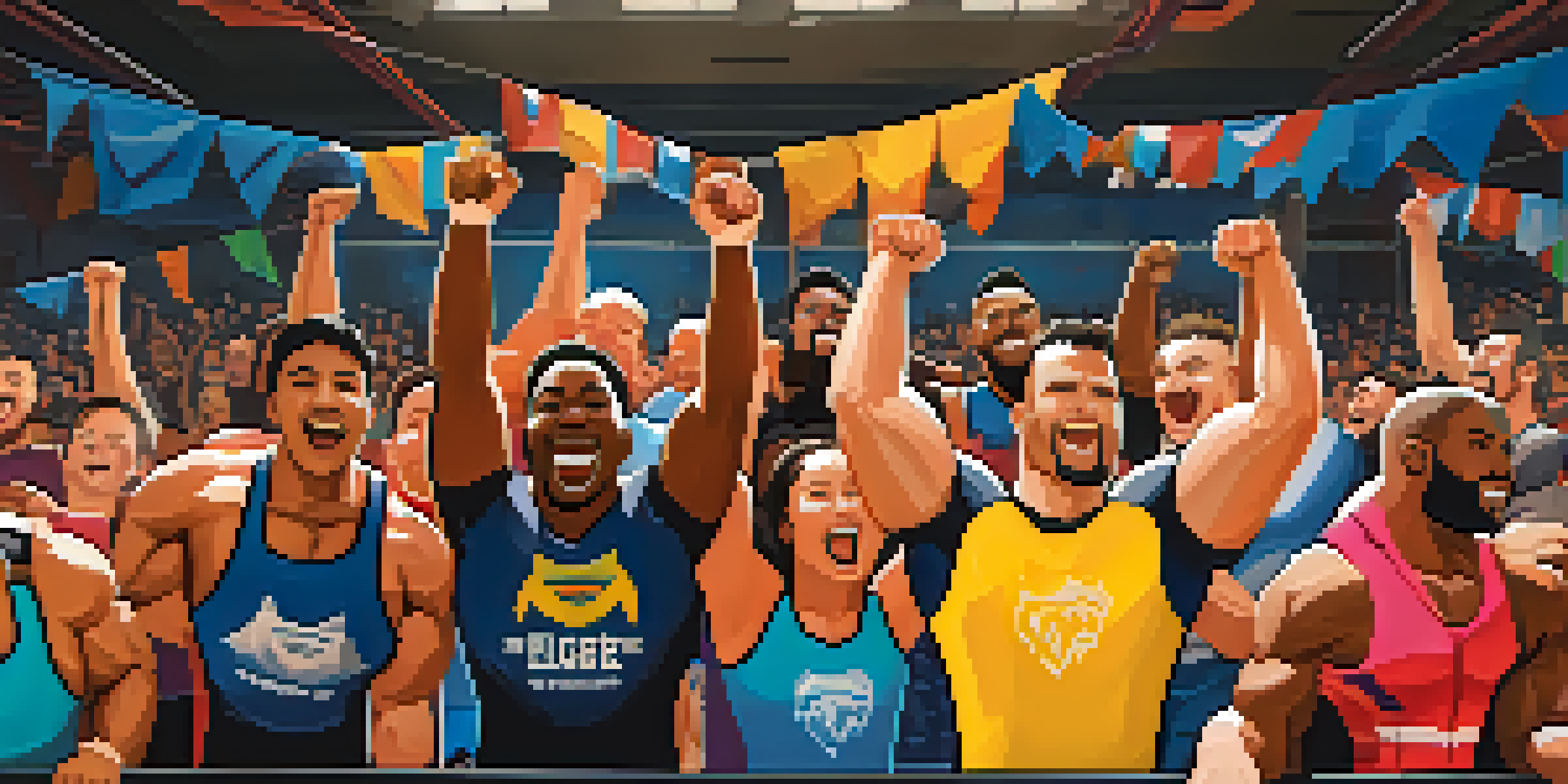 A group of diverse athletes celebrating a successful bench press lift in a gym, with expressions of joy and camaraderie, colorful banners, and warm lighting.