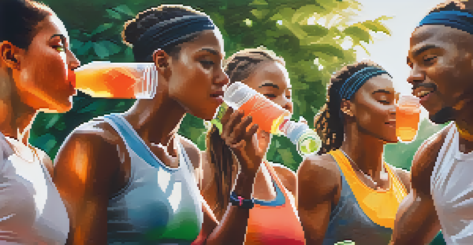 A group of athletes working out outdoors, one drinking a sports drink and another cooling off with water, surrounded by greenery at sunset.