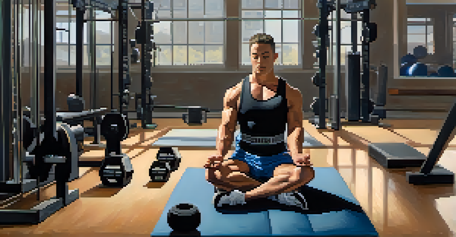 A powerlifter meditating on a mat in a quiet gym corner, surrounded by weights, symbolizing mindfulness and strength.