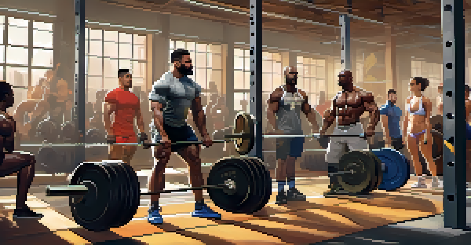 A diverse group of powerlifters using a trap bar in a gym, with one lifter performing a deadlift and others providing encouragement.